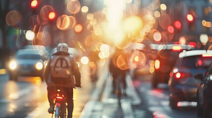 Morning traffic on a busy city street captured in bokeh with cyclists and cars highlighting urban movement
