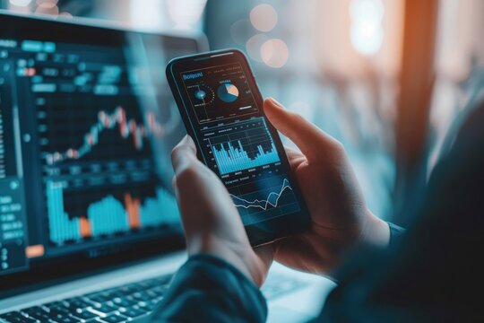 business, technology, internet and people concept - close up of man with laptop computer and smartphone with stock market chart on screen over office background