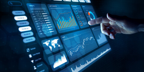 Analyst working with Financial Data and Business Analytics Dashboard on computer to make Financial Report with KPI and Metrics. Investment, Corporate Finance, Strategy, Operations, Sales. - obrazy, fototapety, plakaty
