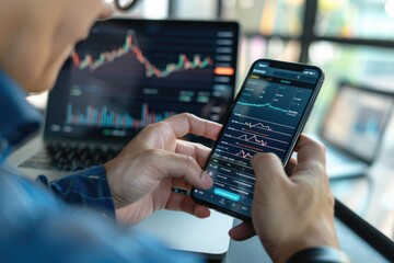 business, technology, internet and people concept - close up of man with laptop computer and smartphone with stock market chart on screen over office background