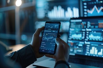 business, technology, internet and people concept - close up of man with laptop computer and smartphone with stock market chart on screen over office background