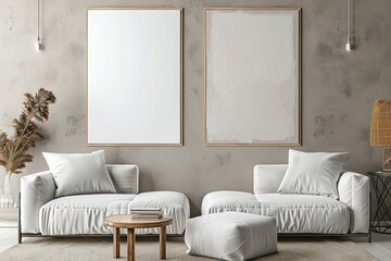 Two blank white frames are symmetrically arranged on a neutral-toned wall