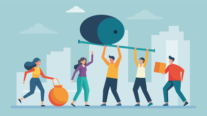 Fototapeta premium A group of people working together to lift a heavy weight labeled debt over a tall wall symbolizing the power of support in managing debt.