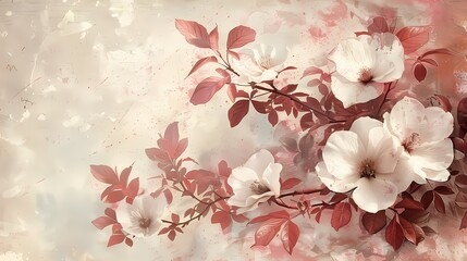 Retro white and pink flowers and leaves illustration poster background