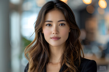 Asian Businesswoman in Stylish Suit Posing in Office