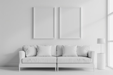 Two blank white frames are symmetrically placed above a modern sofa
