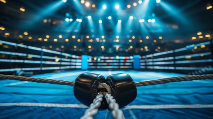 A pair of boxing gloves in the center of a boxing ring with bright lights in the background. - obrazy, fototapety, plakaty