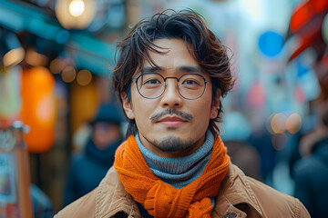 Obraz premium Asian Man Walking in City with Glasses and Scarf