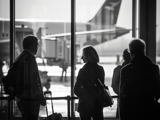 Stunning high-definition photos of colleagues talking while waiting to board a plane. Business