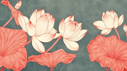 Retro white and pink flowers and leaves illustration poster background