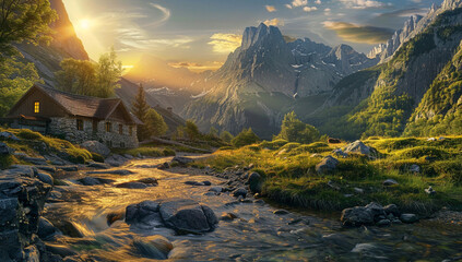sunrise in the mountains artistic landscape, majestic photography image with water stream - obrazy, fototapety, plakaty