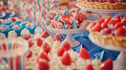 Colorful Dessert Table at Patriotic Party with Cupcakes and Candies - Powered by Adobe