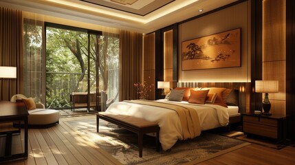 Three-Dimensional Bedchamber Interior with Elegant Furniture and Garden View
