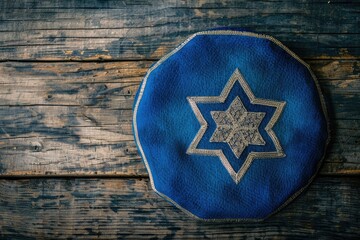 Jewish Kippah with Star of David Pattern on Wooden Background - Symbolizing Tradition and Faith