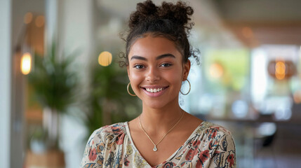 Radiant mixed-race young woman with a charming smile in a modern indoor setting.