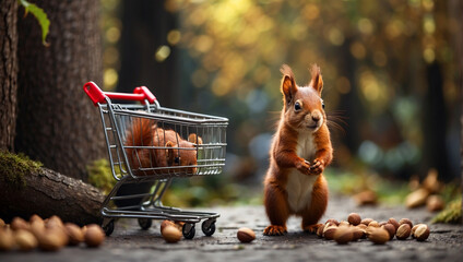 A squirrel sits on a stone path next to a miniature shopping cart full of nuts.

