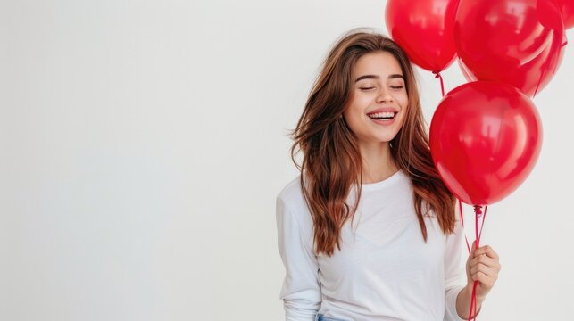 Confident Young Woman Holding Happy XO Balloons Against White Backdrop