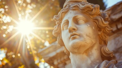 Close up of ancient statue wonderful in the rays of the sun. Architecture, archetype, religion, faith concept