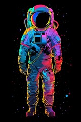 Iridescent Astronaut Doodle in Vibrant Cosmic with Dark Backdrop
