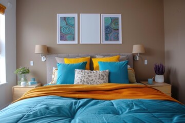 A vibrant teal bedspread becomes the focal point of the room