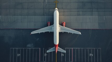 Top down view on commercial airplane docking in terminal in the parking lot of the airport apron, waiting for services maintenance, refilling fuel services after airspace lock down