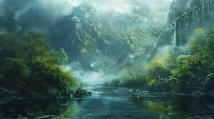A serene river flowing through lush green mountains shrouded in mist at dawn, creating a tranquil and mystical atmosphere