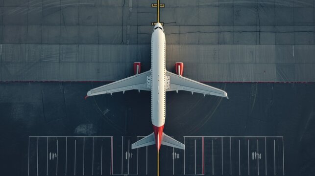 Top down view on commercial airplane docking in terminal in the parking lot of the airport apron, waiting for services maintenance, refilling fuel services after airspace lock down