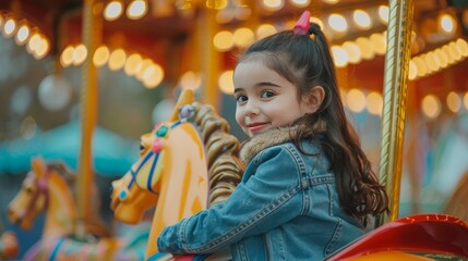 Little girl riding a carousel horse at a funfair