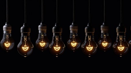 photo of burning light bulbs hanging in a row on a black background