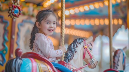 Little girl riding a carousel horse at a fair