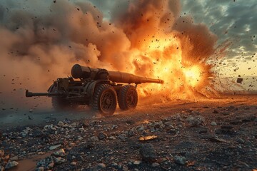 A powerful cannon fires, captured at the moment of explosive blast, surrounded by smoke and debris