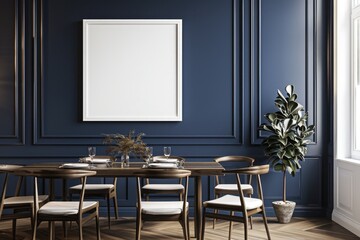 A blank white frame hangs, creating a captivating focal point