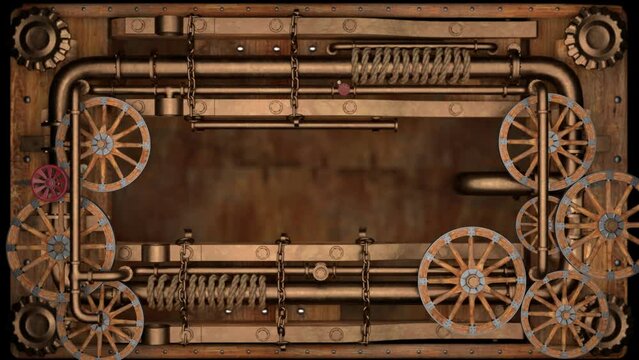 An intricate steampunk frame, adorned with gears, wheels, clockwork, and rivets, set against a rustic wooden backdrop, blending fantasy with industrial aesthetics