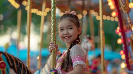 Little girl riding a carousel at the fair and smiling