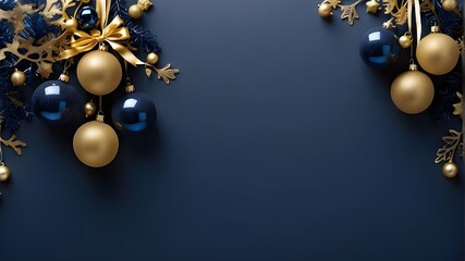 simple background for Christmas and New Year's. A navy blue background with golden and blue glass balls hanging on a ribbon, along with copy space for writing. The notion of Christmas and New Year's f