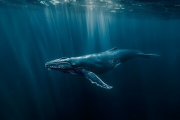 Fototapeta premium Majestic Blue Whale Swimming in the Serene Depths of the Ocean