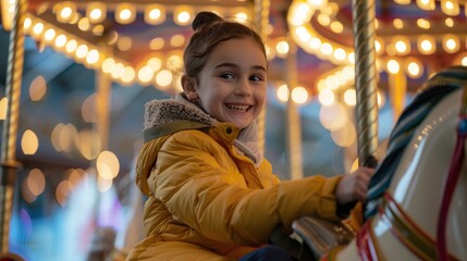 Little girl riding a carousel horse at a funfair and smiling