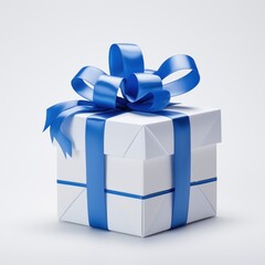 Obraz premium Elegant Blue and White Wrapped Gift Box with Ribbon and Bow on a Light Background