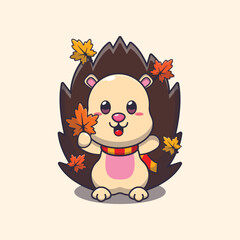 Cute hedgehog holding autumn leaf