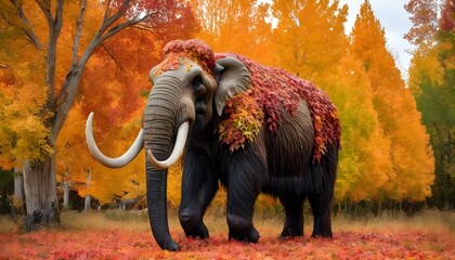 A Mammoth Covered In Autumn Leaves Blending Into Upscaled - obrazy, fototapety, plakaty