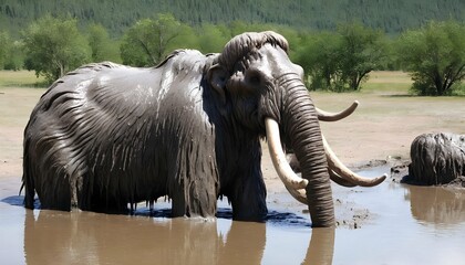 A Mammoth Covered In Mud Cooling Off In A Waterin - obrazy, fototapety, plakaty