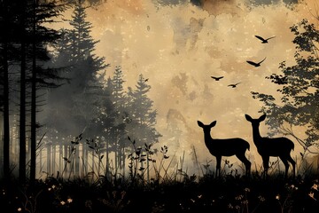 Silhouetted Deer and Birds in Vintage Sepia Landscape Backdrop