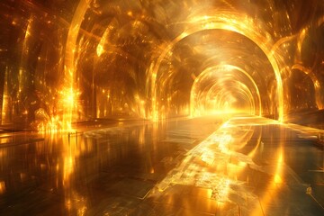 Golden light swirls and darts in a vast formless space with a shimmering reflective floor