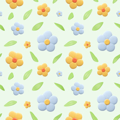 Seamless pattern with 3D plasticine flowers buds and leaves on pastel green background. 