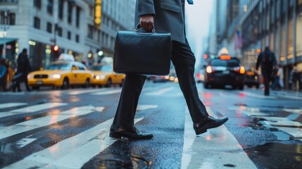 A business person crosses a busy city street on his way to work.
