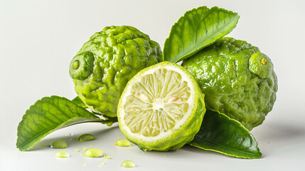 Ripe bergamot fruit with water drops on white background