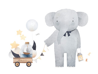 Cute elephant transports the moon, clouds and ship. Watercolor postcard. Decor for a children's room.