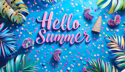 Hello Summer text with tropical leaf,leaves in bright colorful pastel style background.cheerful and celebrate concepts ideas