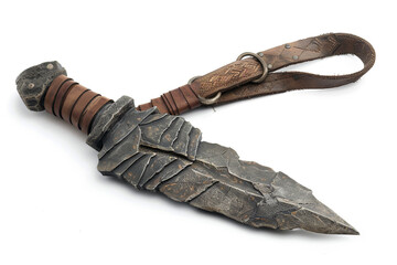 Savage barbarian's battle dagger with a rough-hewn stone blade, bound with thick leather straps, and adorned with tribal markings isolated on solid white background.