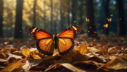 Obraz premium butterfly on a leaf : Nature's Awakening: Butterfly Resting on Leaf at Sunrise